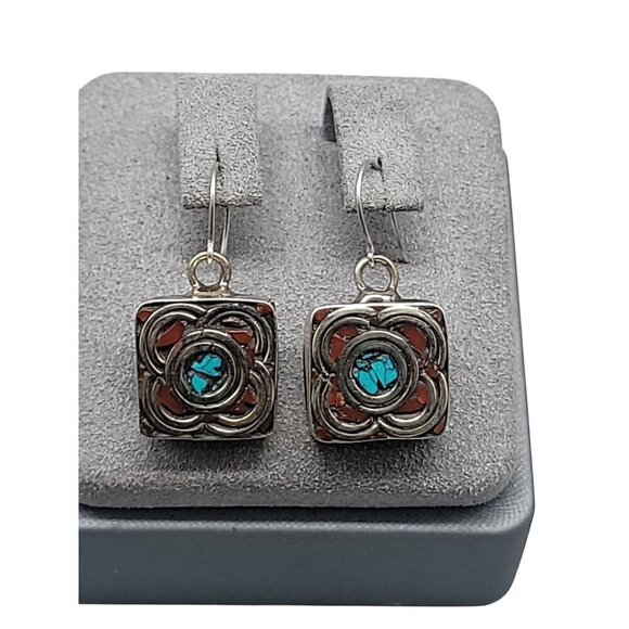 Sterling Silver Turquoise & Coral Dangling Hook Earrings Square Native American - Picture 1 of 15